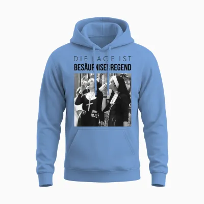 Fun T-Shirt with German Text "die Lage Ist Besäufniserregend". Nuns Drinking Beer, White Unisex Hoodie - Carolina Blue