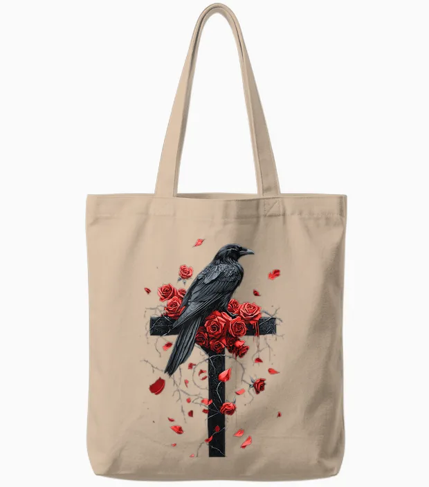 Raven with Roses on Cross Gothic T-Shirt, Black, S Tote Bags in Natural