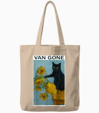 Van Gogh Black Cat with Sunflowers Funny Cat T-Shirt, Black, S Tote Bags - Natural