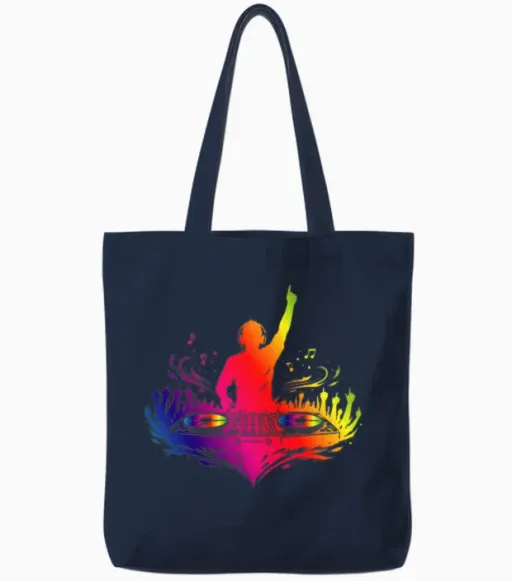 Colorful Dj with Turntables and Beats Tote Bags in Navy