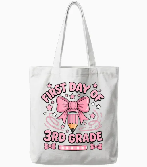First Day of 3rd Grade Pink Pencil Bow Girl Back to School Tote Bags - White