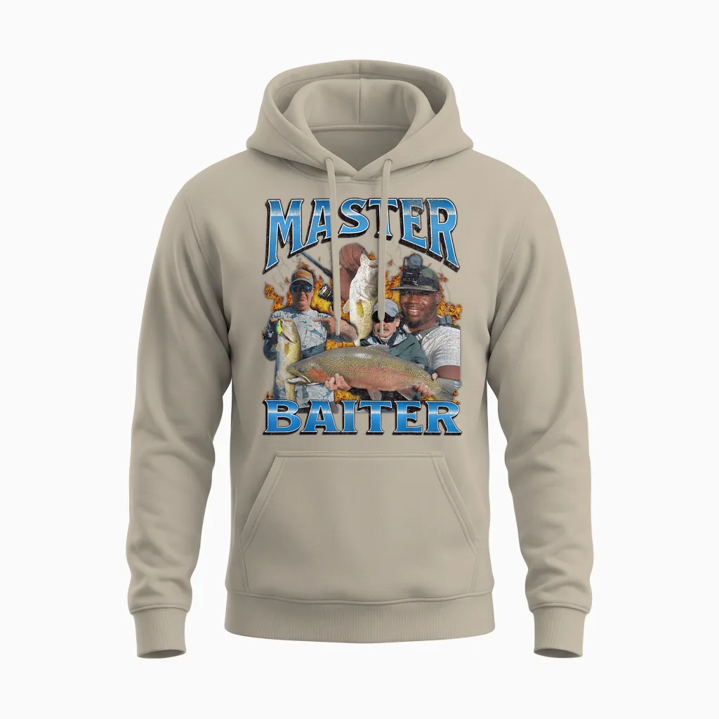 Master Baiter Funny Fishing Meme Pun Bootleg Graphic 90s T-Shirt, Black Unisex Hoodie in Sand