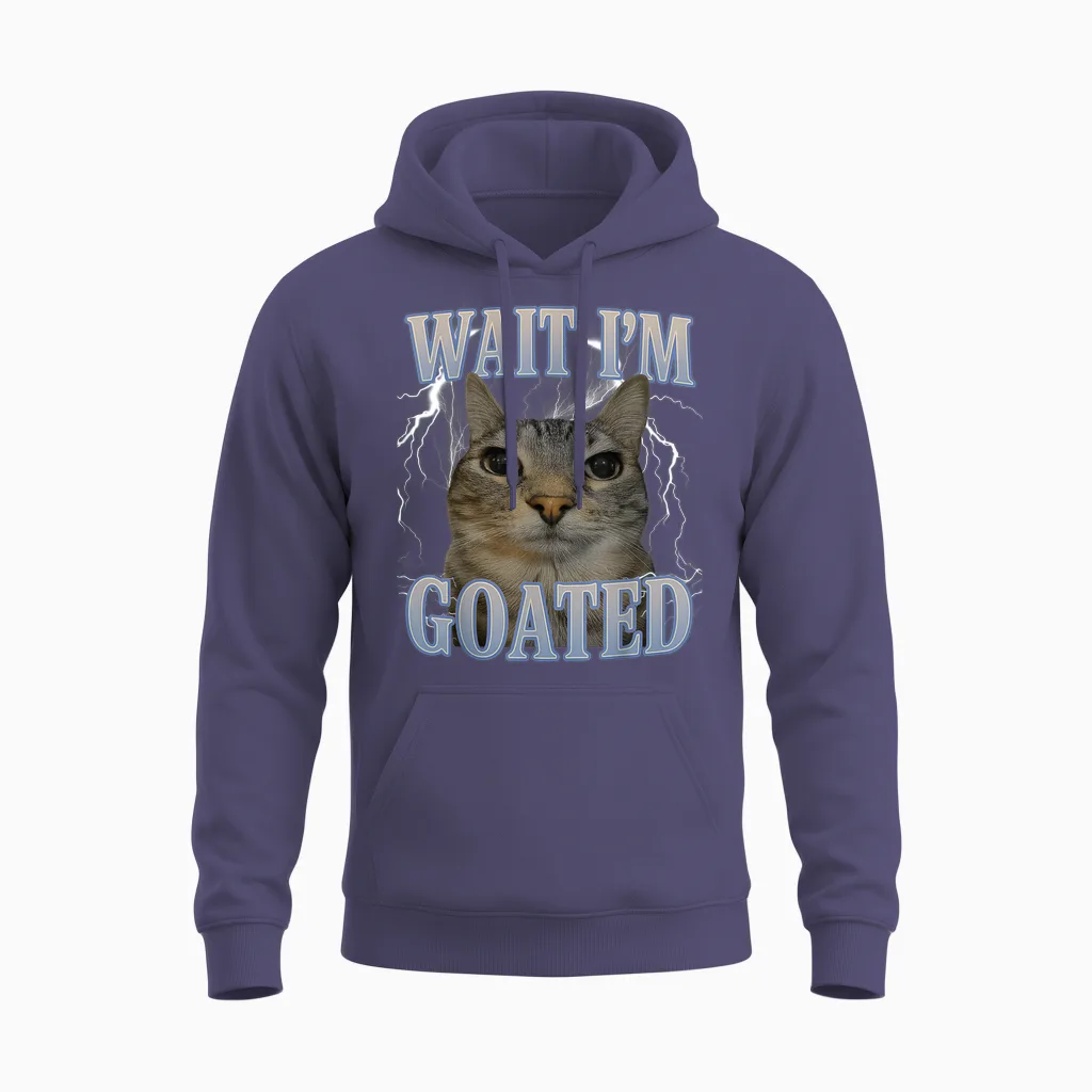 Wait I'm Goated Cat Silly Funny Cat Meme Men Women Graphic Unisex Hoodie in Heather Sport Dark Navy