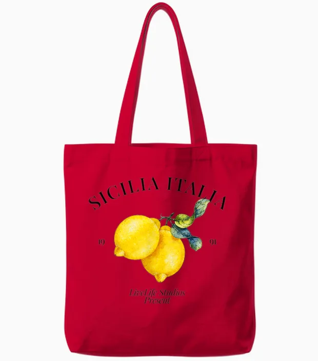 Sicilia Italia X Livelife. Limone Limoncello Spritz Sicily Tote Bags in Red