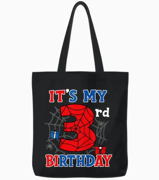 Kids It's My 3rd Birthday Spider Theme Party 3 Year Old Boys Tote Bags - Black