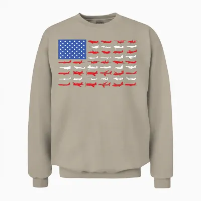 Pilot Airplane American Flag Plane Aviation Short Sleeve Unisex Sweatshirt - Sand