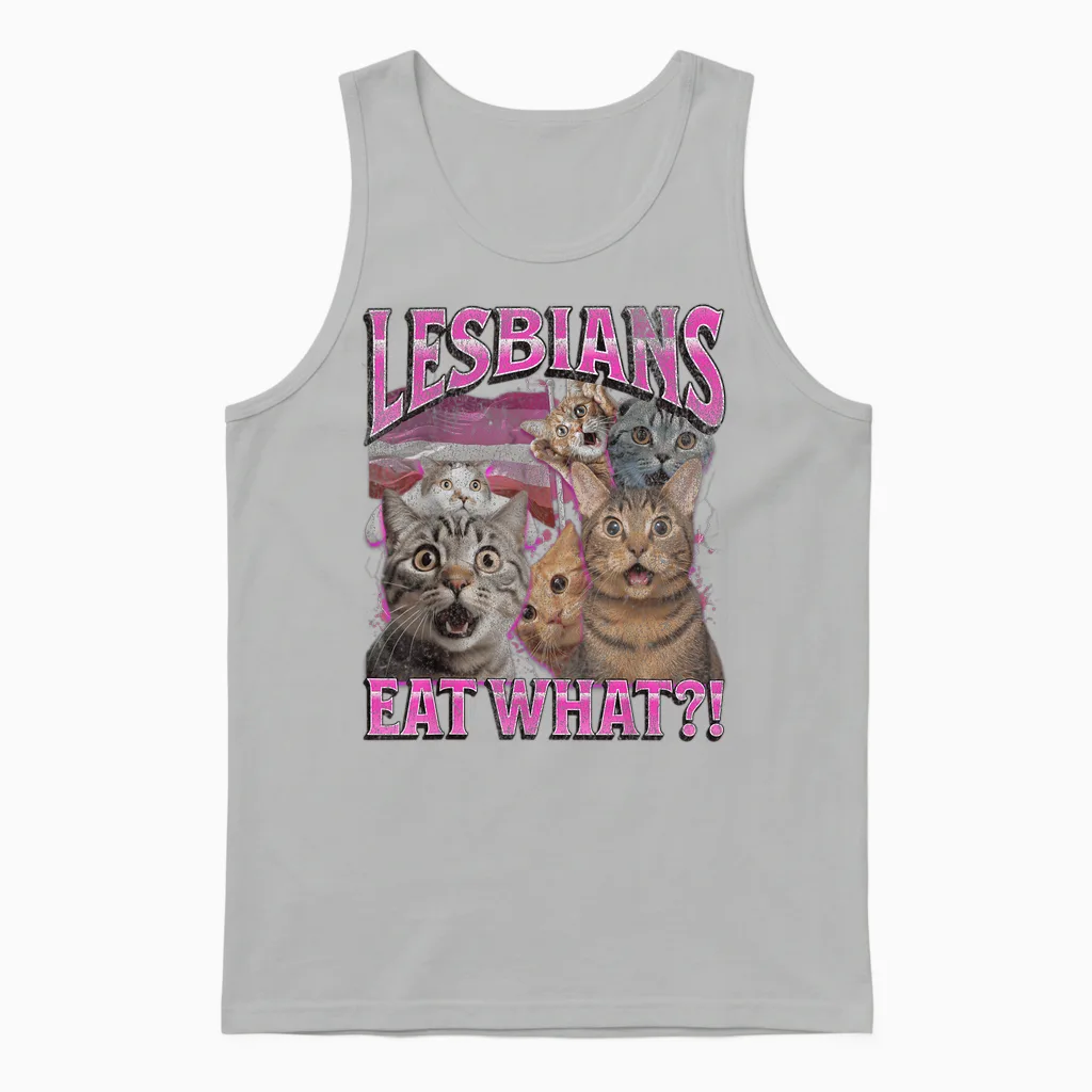 Lesbians What Do You Eat? Funny Cat Gay Pride Lgbtq Pun Bootleg T-Shirt, Black, S Unisex Tank Top in Ash