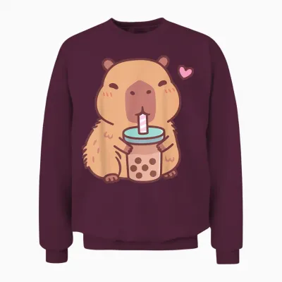 Cute Capybara Kawaii Anime Drinking Bubble Tea Lover Girls Unisex Sweatshirt - Maroon