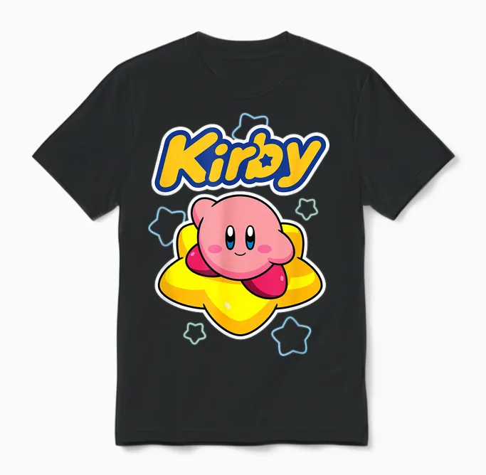 Kirby Nintendo Big Star Surfing Portrait Unisex T-Shirt in Black