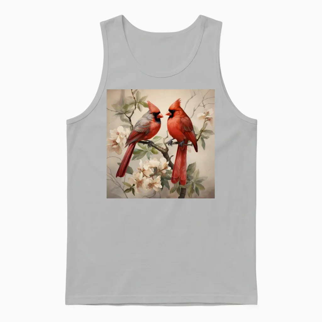 Northern Red Cardinal Birds with Flowers Unisex Tank Top in Ash