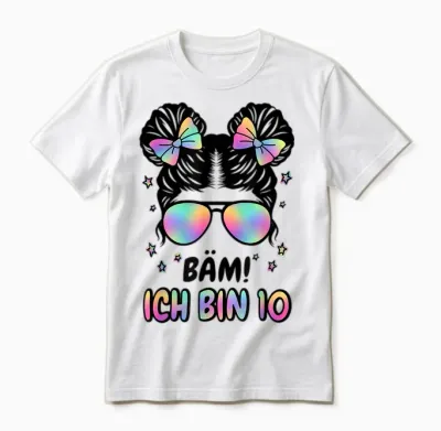 10th Birthday Girl Messy Bun Bäm! Ich Bin 10 Unisex T-Shirt - White
