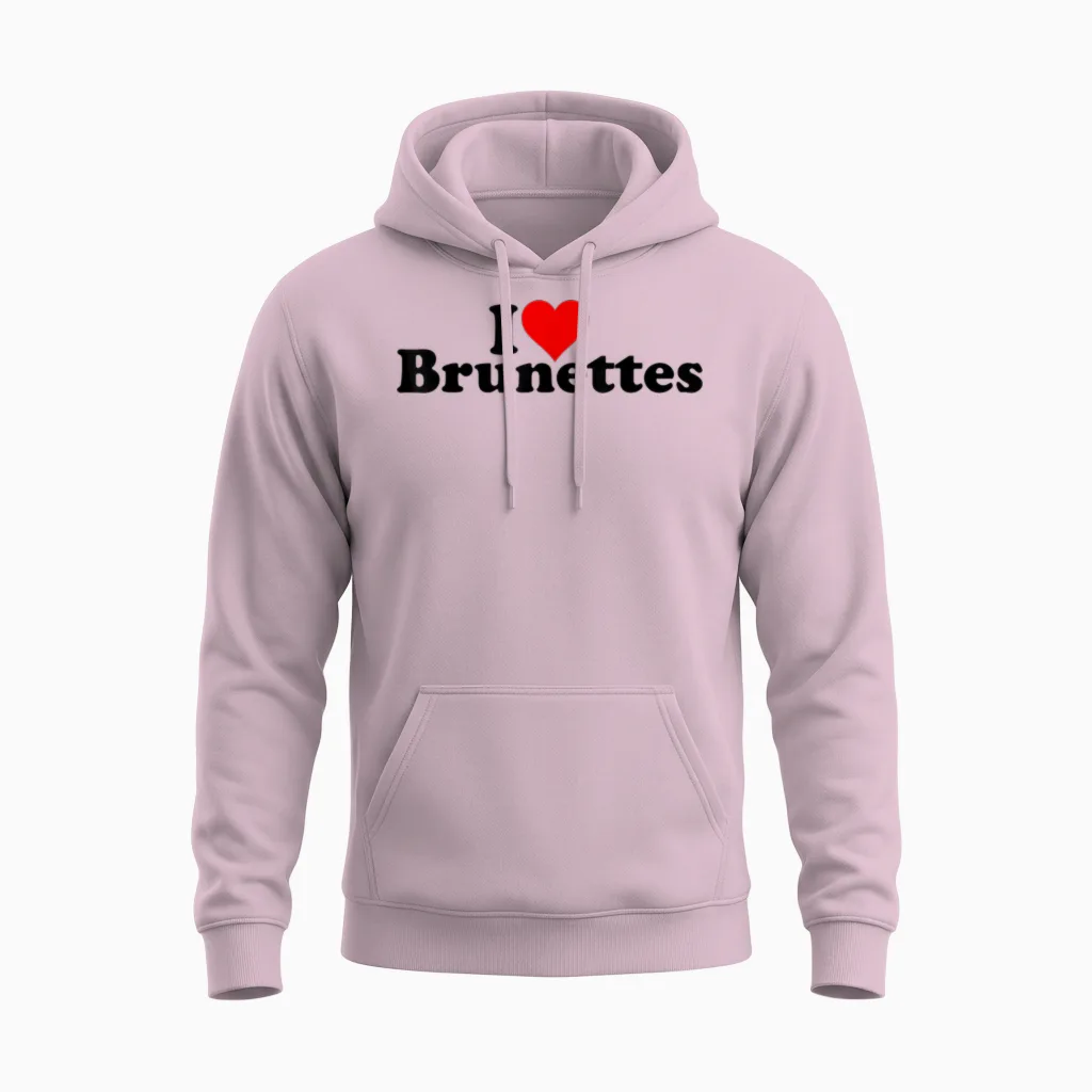 I Love Heart Brunettes Brunette Dark Hair T-Shirt, White Unisex Hoodie in Light Pink