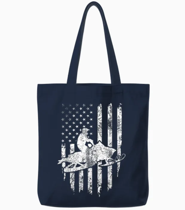 Vintage American Flag Snowmobiling Snowmobile Rider Tote Bags in Navy