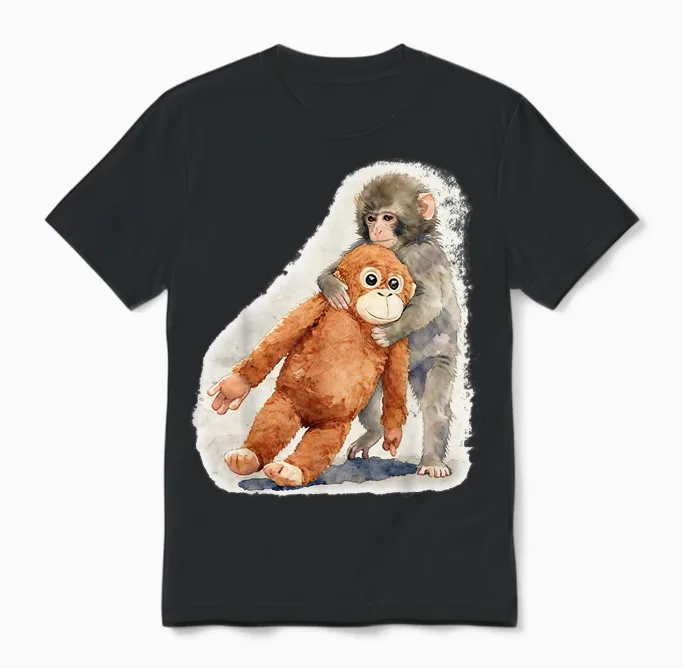 Punch โ Cute Baby Monkey and Orangutan Plush Watercolor Unisex T-Shirt in Black