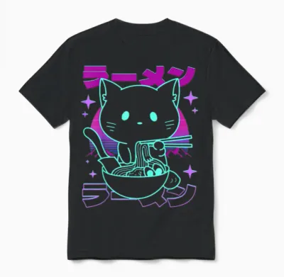 Anime Ramen Cat Retro Japanese Noodles Aesthetic Kawaii Cat Unisex T-Shirt - Black