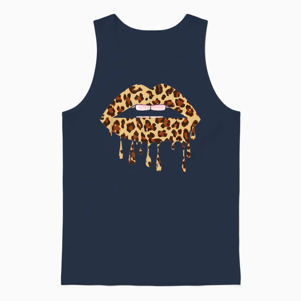 Leo Mouth Lips in Leo Look Leopard Pattern Gift T-Shirt, Black, S Unisex Tank Top in Navy