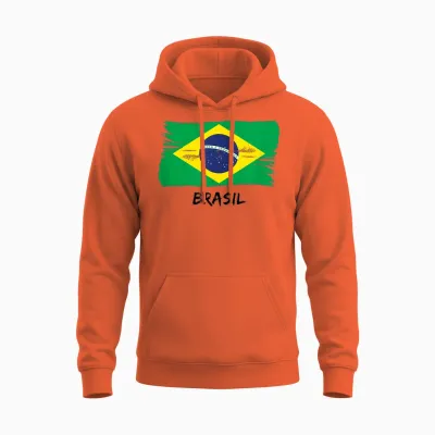 Brazilian Flag Brazil T-Shirt, White, S Unisex Hoodie - Orange