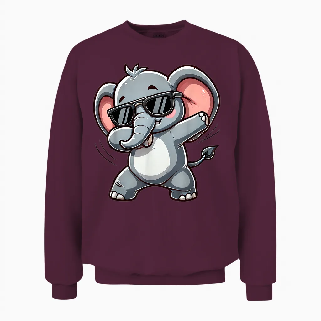 Elephant Dabbing | Cute Elephant Dancing with Elephant Motif T-Shirt, Black Unisex Sweatshirt in Maroon