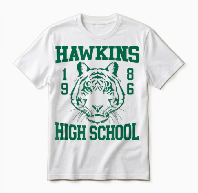 Stranger Things 4 Hawkins High School Green Logo Unisex T-Shirt in White
