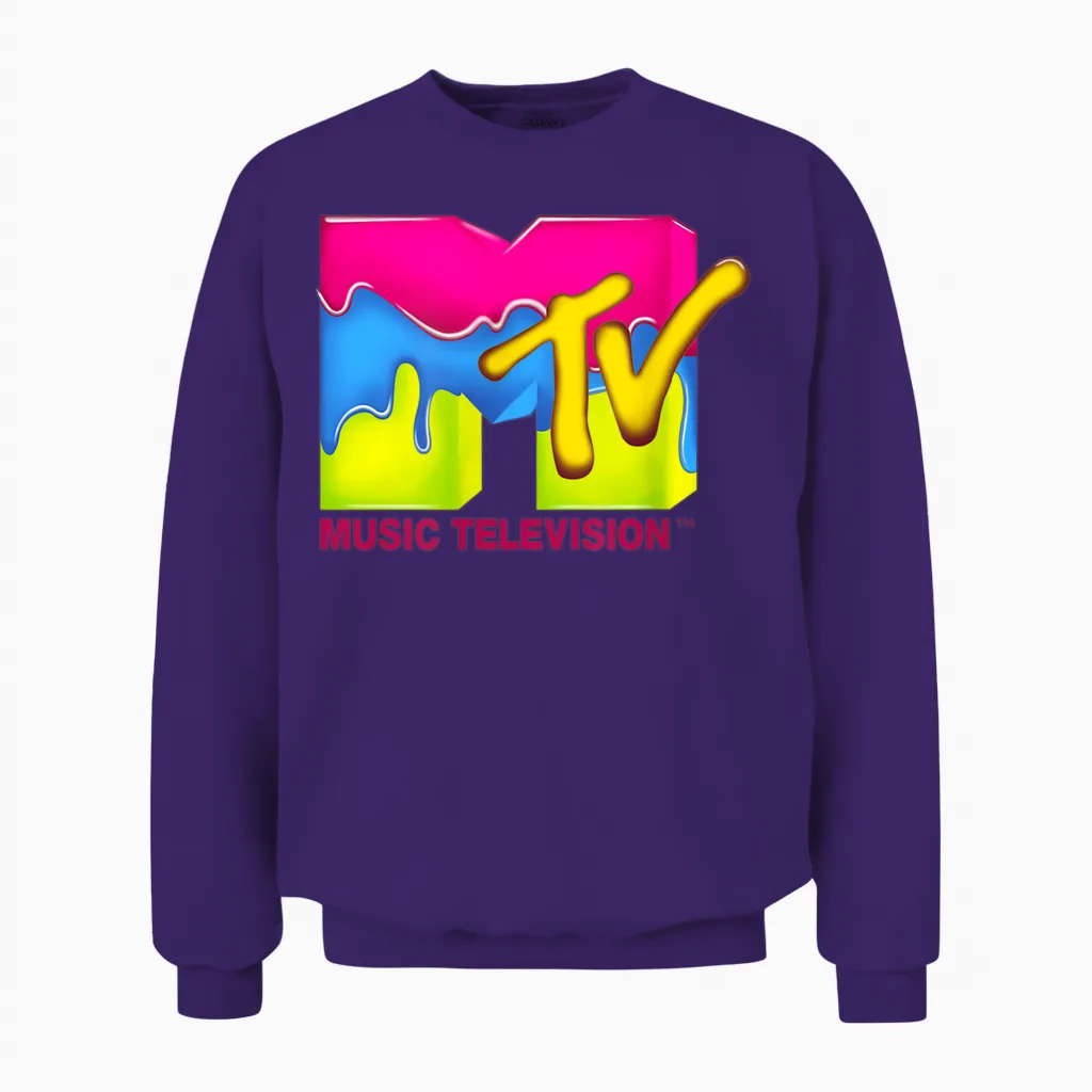 Mtv Neon Paint Drip Retro Logo T-Shirt, Black, S Unisex Sweatshirt in Purple