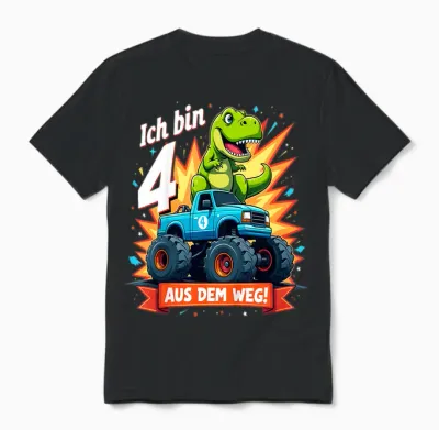Kinder Ich Bin 4 Dinosaurier Monstertruck Kindergeburtstag Unisex T-Shirt - Black
