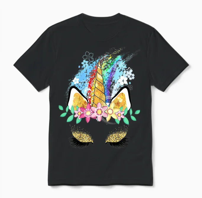 Einhorn Gesicht Regenbogen Frühling Ostern Blumen T-Shirt, White Unisex T-Shirt in Black