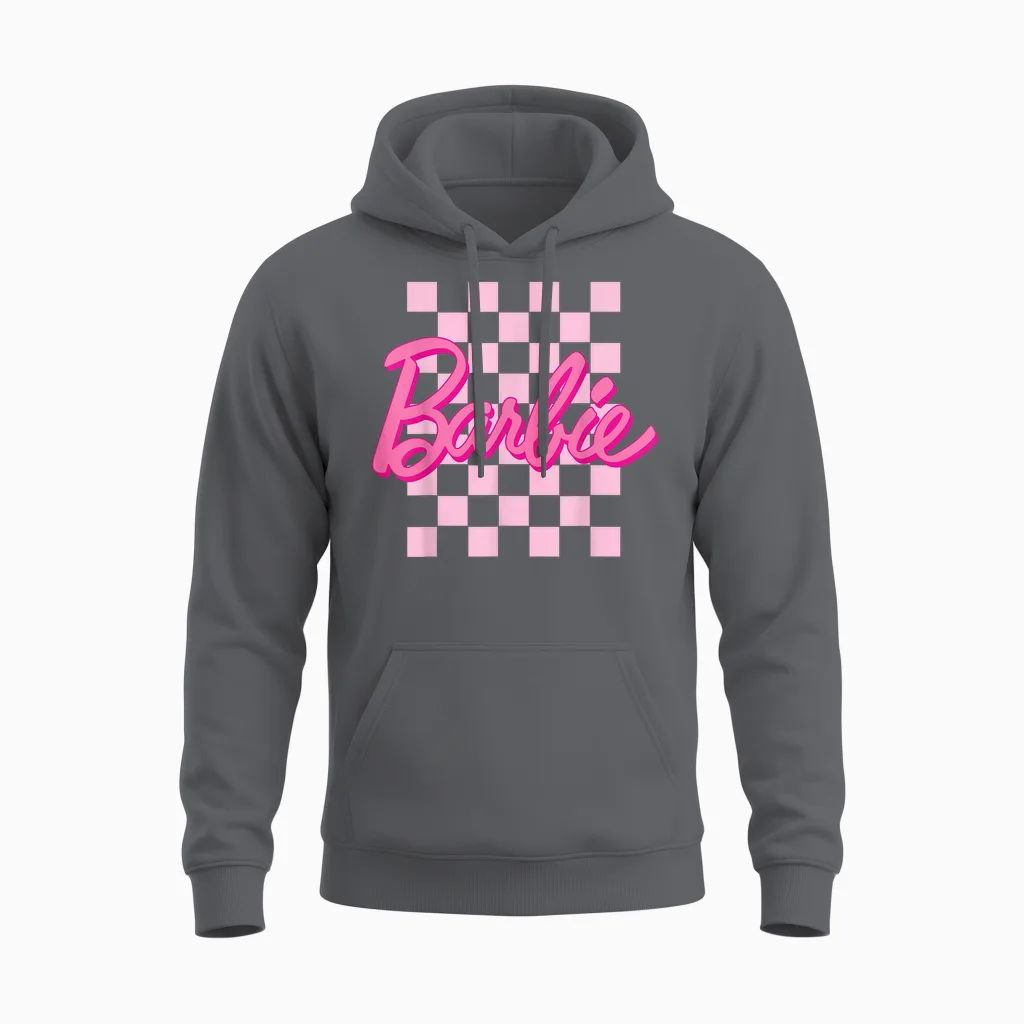 Barbie - Barbie Logo Checkered Background Short Sleeve T-Shirt for Women, Small Unisex Hoodie in Charcoal