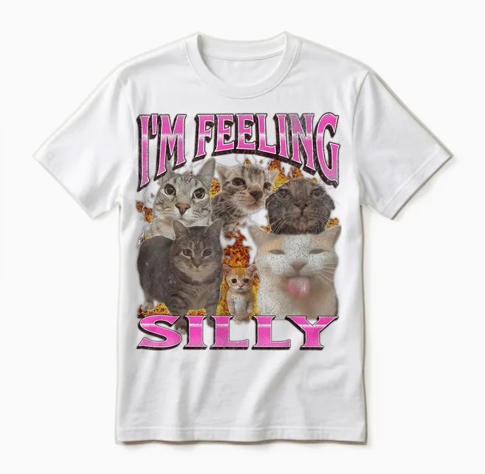 I'm Feeling Silly Funny Cat Meme Bootleg Graphic T-Shirt, Black, S Unisex T-Shirt in White