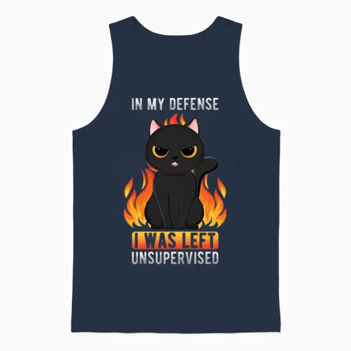 In My Defense I Was Left Unsupervised Black Cat Unisex Tank Top in Navy