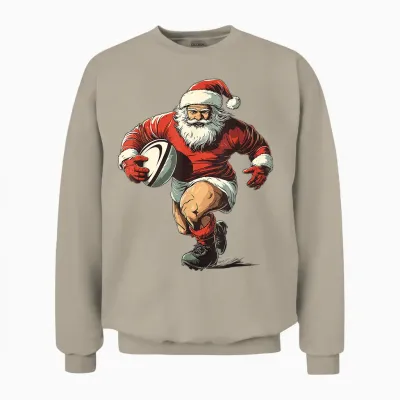 Funny Christmas Pajamas Rugby Player Santa Playing Rugby T-Shirt, Black, S Unisex Sweatshirt - Sand