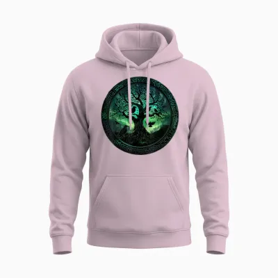 Hugin & Munin T-Shirt Ravens Odins Viking Tree of Life T-Shirt, Black Unisex Hoodie - Light Pink