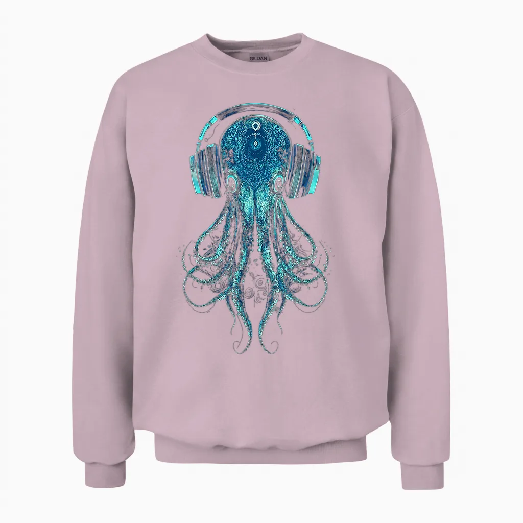 Octopus Animal Lovers Motif Music Headphones Illustration Squid Unisex Sweatshirt in Light Pink