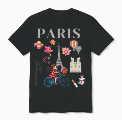 Pretty Girl on a Bike in Paris, Eiffel Tower, French Souvenir T-Shirt, Black, Female X-Small Unisex T-Shirt - Black