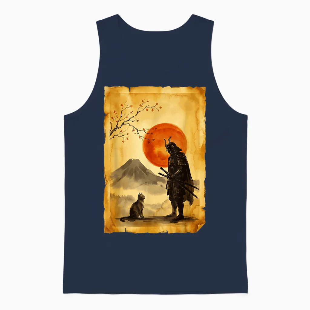 Chat Japonais Bushido Zen Mountain Artistic Japon Samourai Unisex Tank Top in Navy
