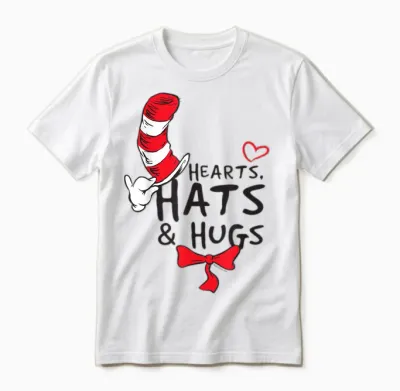Dr. Seuss Cat in the Hat Hats & Hugs Officially Licensed Unisex T-Shirt - White
