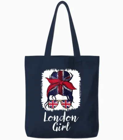 London Girl, London Girls, British Flag Uk Lass T-Shirt, Black Tote Bags - Navy
