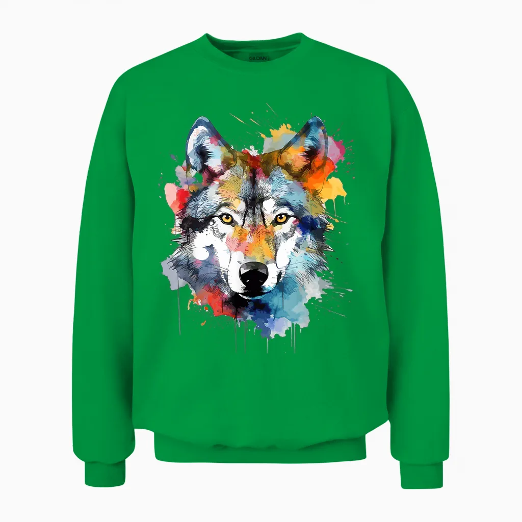 Wolfskopf Aquarell T-Shirt Damen Schwarz Small Eu 38 V-Ausschnitt Kurzarm Klassische Passform Baumwolle 50% Polyester 50% Tierdruck Wildnis Einzigartiges Wolf-Design 1 Count Unisex Sweatshirt in Irish Green