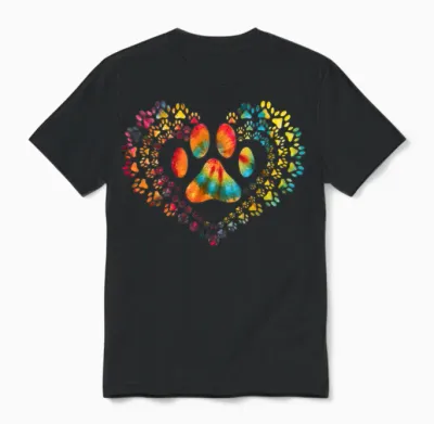 Tie Dye Love Dog Paw Print Heart Animal Lover Unisex T-Shirt - Black