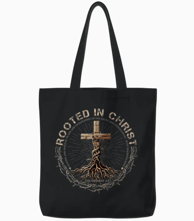Rooted in Christ Shirt, Jesus Shirt, Vintage Cross Christian Tote Bags in Black