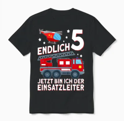Endlich 5 Jetzt Bin Ich Einsatzleiter Kinder Feuerwehrmann Unisex T-Shirt - Black
