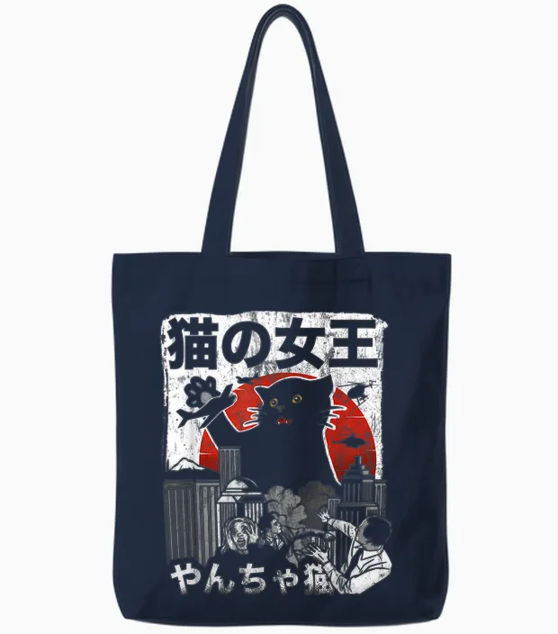 Vintage Queen of Cats Monster Cat Japan Style Tote Bags in Navy