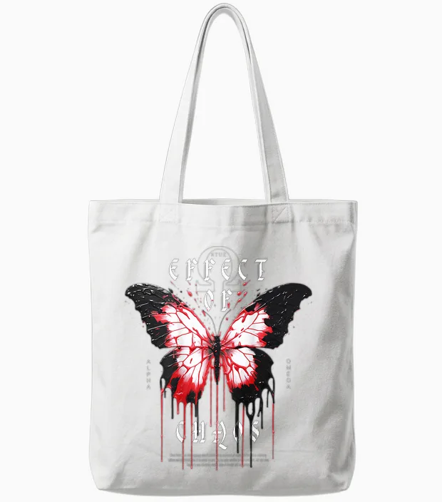 Y2k Hip Hop Backprint Streetwear Chaos Effect Butterfly T-Shirt, Black Tote Bags in White