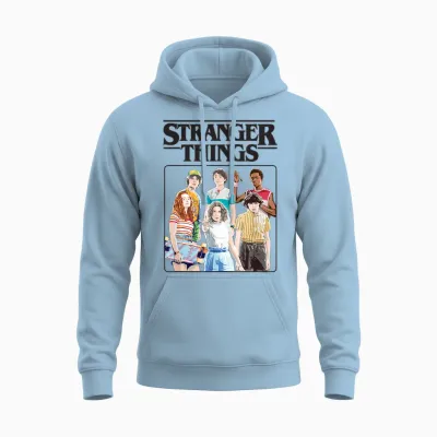 Stranger Things Vintage Eighties Retro Group Shot Title Logo Unisex Hoodie - Light Blue