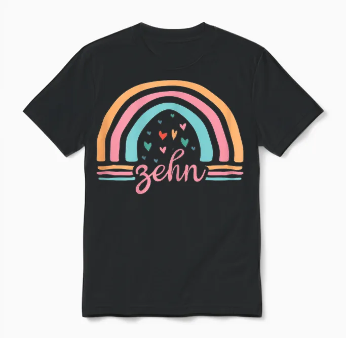 10. Geburtstag Süßes Regenbogen Mädchen 10 Jahre Alt Unisex T-Shirt in Black