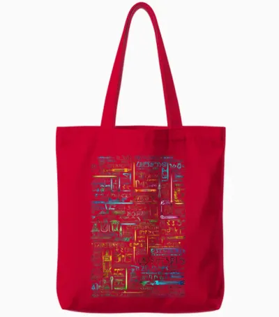 Colourful Art Graphic Motif Artwork T-Shirt, Black Tote Bags - Red