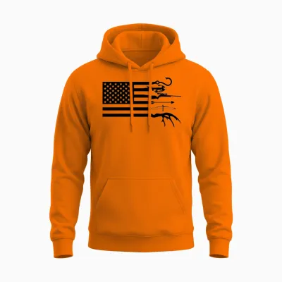 Hunting and Fishing American Flag, American Unisex Hoodie - Safety Orange