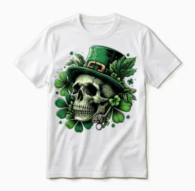 Saint Patrick's Day Shamrock Skull T-Shirt Skeleton, Black Unisex T-Shirt - White