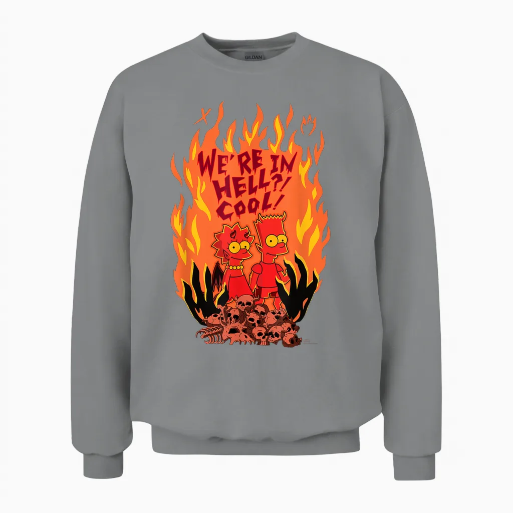 The Simpsons Halloween Bart and Lisa βweβre in Hell? Cool!β Unisex Sweatshirt in Sport Grey