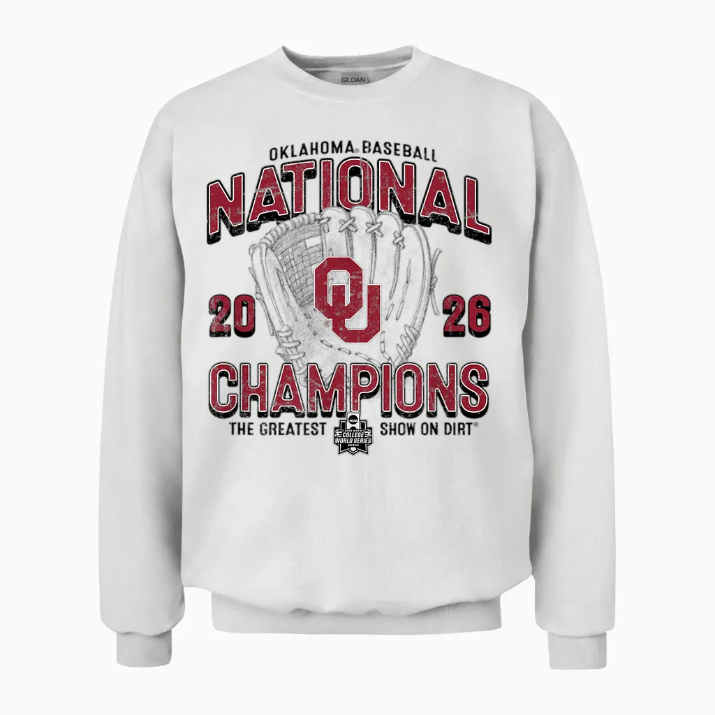 Oklahoma Sooners National Champs 2026 Baseball Cws Gray Unisex Sweatshirt in White