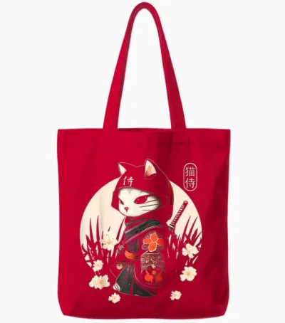 Japanese Samurai Cat for Cat Lovers Tote Bags - Red